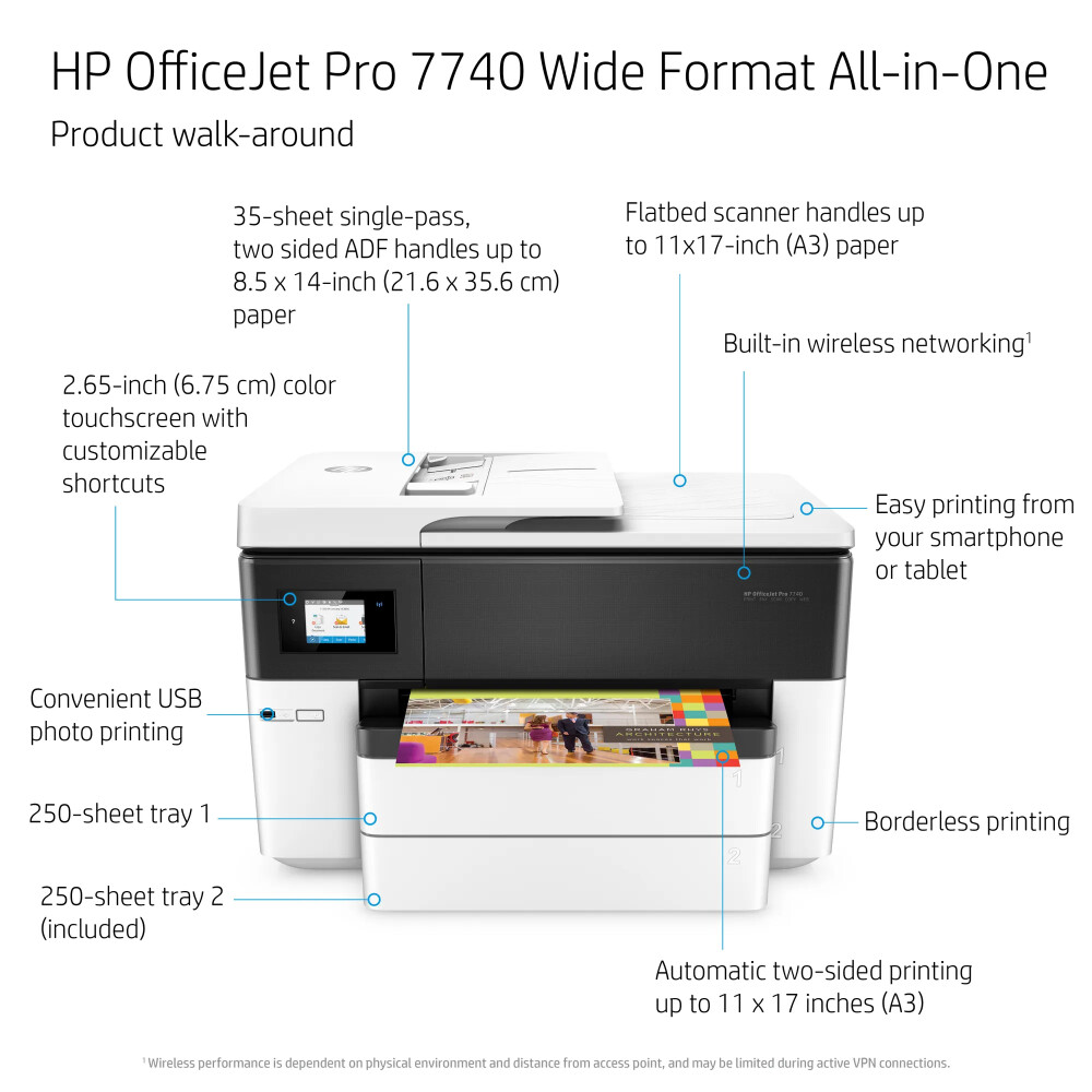 HP OfficeJet Pro 7740 WF AiO Printer A3 Ink; Print; copy; scan; fax; 22